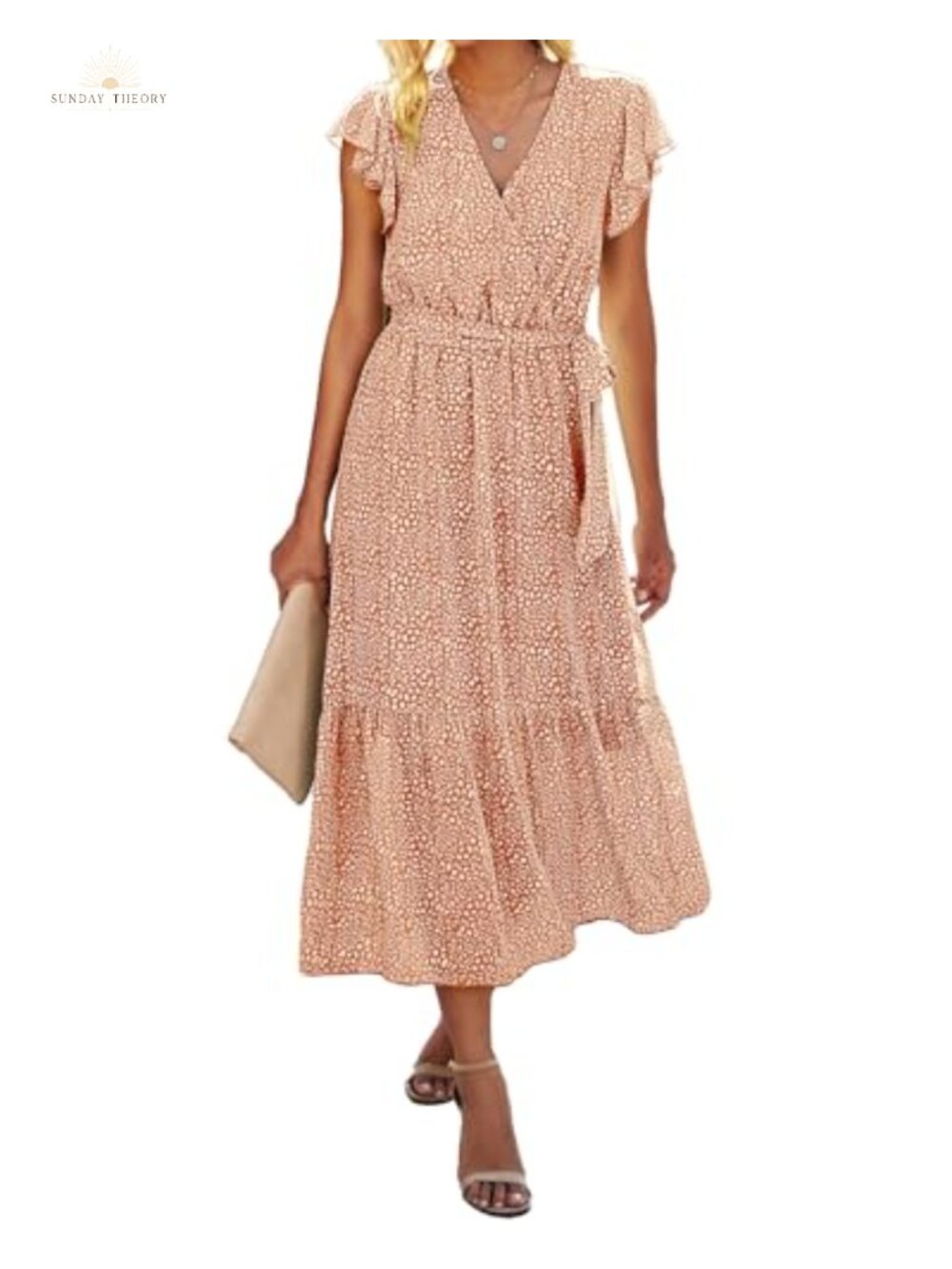 Women Summer Wrap V Neck Ruffle Cap Sleeve Belted Midi Dress - Picture 1 of 6